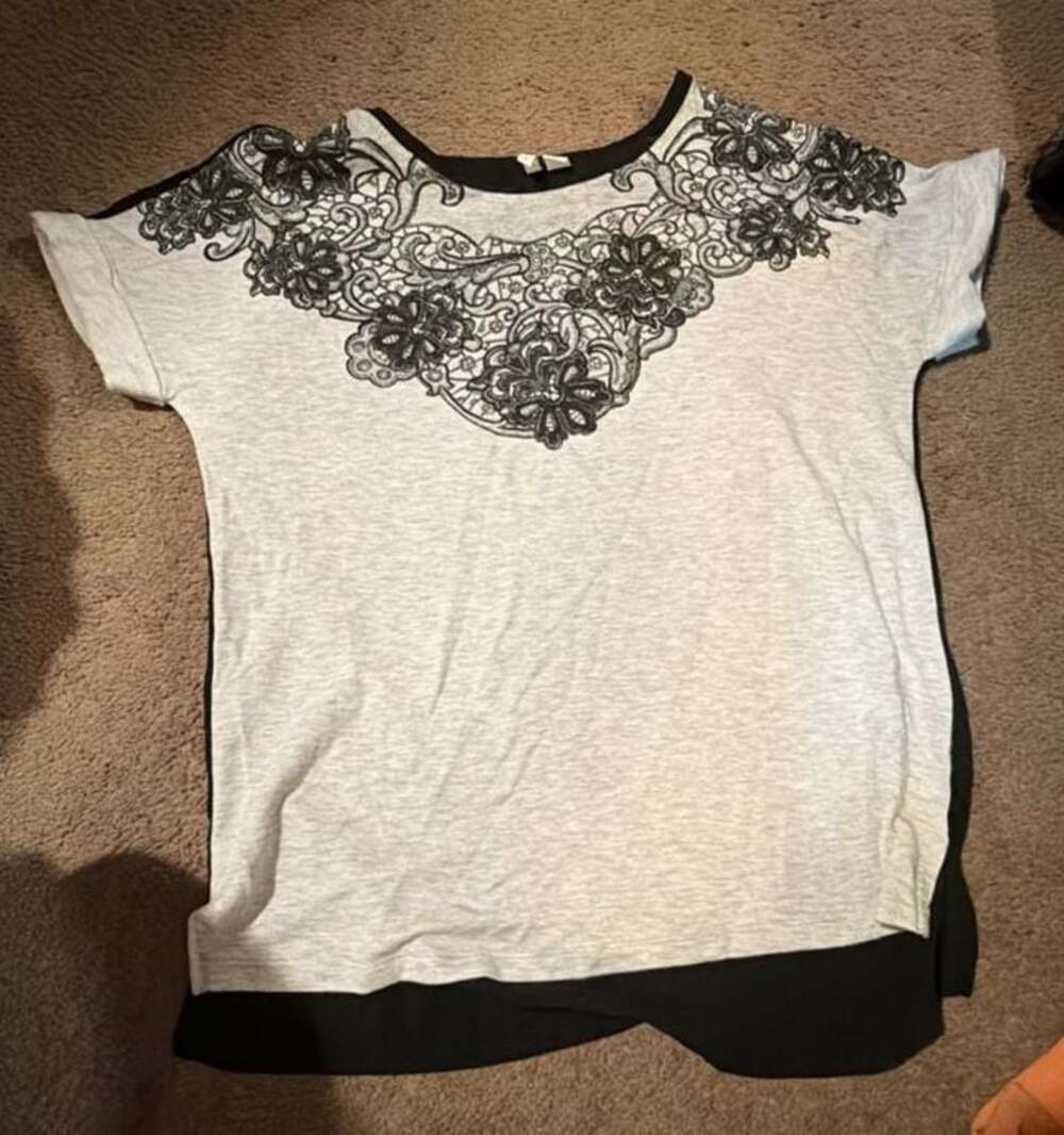 Cato Women's Gray and Black Short Sleeve Knit Top with Floral Lace Detail